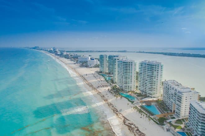 Cancun beach resort with turquoise water