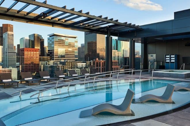 Denver skyline with Rocky Mountains